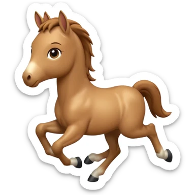 3D Apple-style emoji of a running foal. Small young horse with light brown body, short mane, big eyes, rounded and glossy, smooth shading, white background.

 sticker