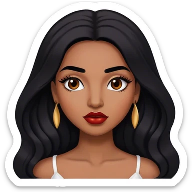 Woman with medium brown skin, medium arched dark brown eyebrows, full lashes,and long black hair, reddish lips sticker