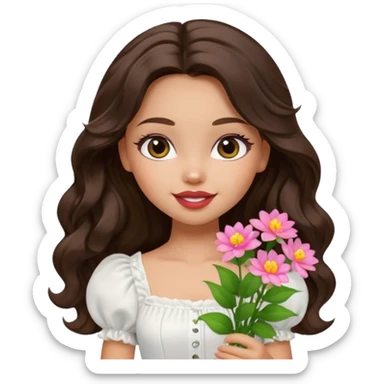 generate a pretty bratz girl with in a white puff sleeve top.  light lipgloss on . dark Brown wavy hair long. carrying flowers  sticker