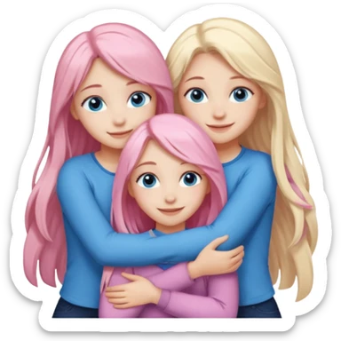 Girlfriend emoji - four white grips hugging and smiling    One girl with long light pink hair and blue eyes, one girl with blue eyes and light blonde hair, and 2 girls with brown eyes and long dark brown hair. sticker