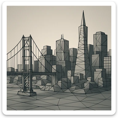 {
  "style_description": {
    "name": "Low Poly Wireframe",
    "overall_look": "Geometric abstraction with visible polygonal mesh edges and a minimal, digital aesthetic",
    "geometry": {
      "shape_type": "triangles and quadrilaterals forming faceted surfaces",
      "structure": "low-resolution polygon meshes with flat faces",
      "edge_visibility": "clear, sharp wireframe outlines around each polygon",
      "dimensionality": "3D-like forms created through flat shading and edge contours"
    },
    "linework": {
      "type": "thin or semi-bold outlines tracing all edges of the mesh",
      "style": "uniform or slightly stylized (e.g., dotted or glowing lines)",
      "color": "typically black, dark gray, or color-matched for contrast"
    },
    "color": {
      "application": "solid flat colors per polygon, without gradients",
      "palette_type": "limited, often monochromatic or with tonal variation per face",
      "highlighting": "minimal shading to emphasize surface depth without realism"
    },
    "lighting": {
      "approach": "ambient or directional lighting used sparingly to add dimension",
      "avoid": ["soft shadows", "complex reflections", "photorealism"]
    },
    "background": {
      "style": "plain or gradient backdrop to contrast mesh clarity",
      "consistency": "flat and neutral to preserve focus on wireframe structure"
    },
    "render_constraints": {
      "avoid": ["smooth surfaces", "rounded curves", "realistic textures"],
      "focus_on": ["polygon edges", "angular forms", "mesh clarity"]
    },
    "subject_treatment": {
      "representation": "simplified, stylized forms with clear geometry",
      "emphasis": "structure, volume through form and edge"
    }
  }
}

{subject} = san francisco sticker