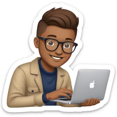 smiling hipster man with MacBook with glasses sticker