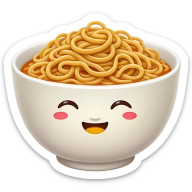 Wuhan hot dry noodles with sesame paste topping, simplified emoji style with bold outlines and bright colors, cartoon style unique breakfast noodles sticker