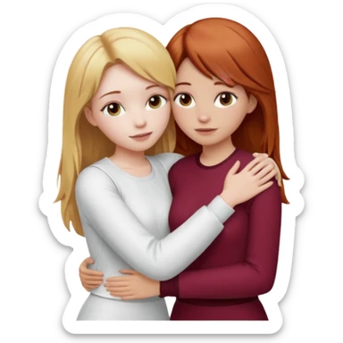 two girls who hug eachother. one has auburn hair with blonde highlights and very pale skin, other has medium-fair skin and blonde hair. first one is wearing white outfit and the second one is wearing a burgundy outfit sticker