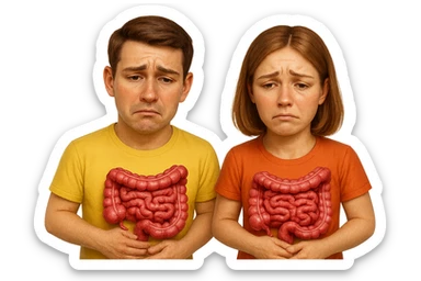 emoji stile iphone di un uomo e una donna con espressione triste ed intestino realistico, mal di pancia, iperrealistico 4k sticker