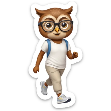 friendly anthropomorphised owl in pants and a shirt, wearing glasses, jogging upright, relaxed pose sticker