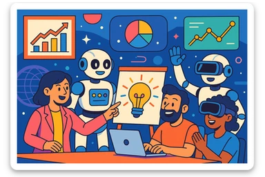 conceptual illustration of the future of marketing: robots and humans collaborating on creative campaigns, surrounded by floating data charts and virtual reality elements, colorful cartoon style sticker