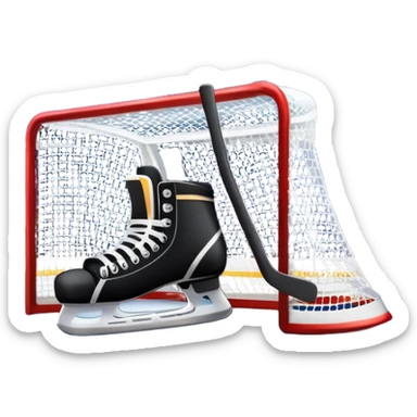 An icon showing a close-up of a hockey stick, puck, skates, and hockey net placed on the ice. The background features a packed stadium with bright lights, cheering fans, and snowy scenery outside. Transparent background highlights the key elements of the game. sticker