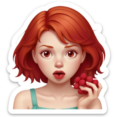 redhead girl with a displeased face eating raspberries sticker