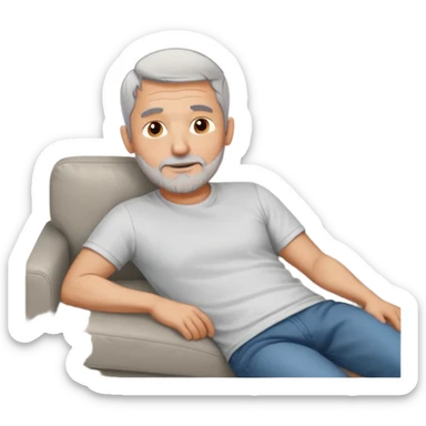 a 50 yo man short grey hair stubble beard laying on a ottoman of a light grey cord couch sticker