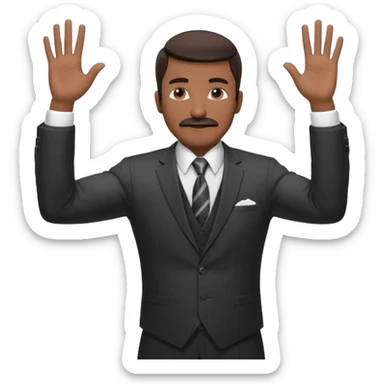 

“A confident man with medium-dark skin tone wearing a suit, tie, and vest, holding both hands up with fingers spread, making a ‘calm down’ or ‘I’m just saying’ gesture. His eyes are closed, and he has a mustache, giving a vibe of laid-back confidence or mock innocence. sticker