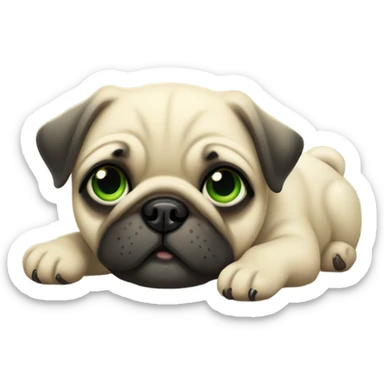 Cute Baby pug with big green eyes happy  lying down  sticker