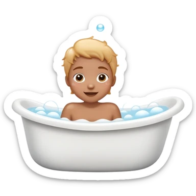 person taking a bath in a bathtub, lots of bubbles, cheerful expression, simple and cute sticker