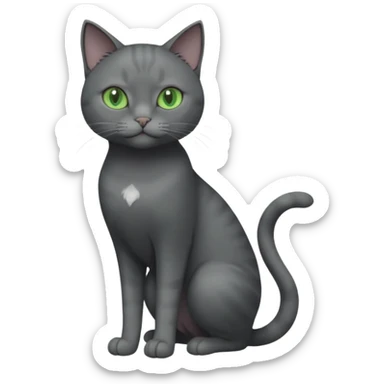 full body view of beautiful female solid dark grey cat with green eyes, grey face, white toes/paws and white patch on her chest sticker