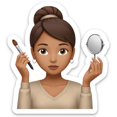 Draw a mixed-race girl applying makeup, wearing a clean girl blouse and with straight brown hair far away  sticker