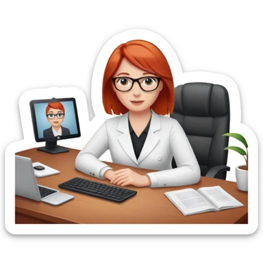 “Red-haired therapist on a video call, sitting in a calm home office, looking at the webcam, client visible on screen, professional yet warm atmosphere, realistic style.” sticker