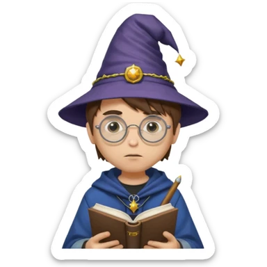 ["A sad boy with light skin, straight hair, wearing a wizard hat and round glasses, dressed in punk fashion, is reading a book while holding a phone."] sticker