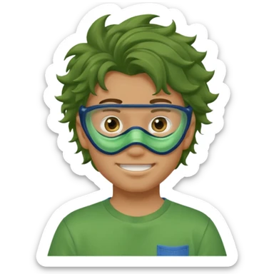 A teenage boy, tanned, wearing a green t-shirt , blue jeans and green sneakers with brown wavy tousled hair, smirking, wearing a green face mask sticker