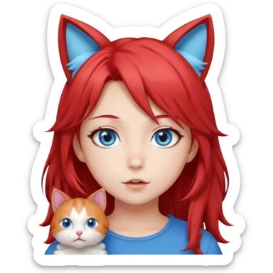 cute anime girl with cat ears, red blowing hair sticker