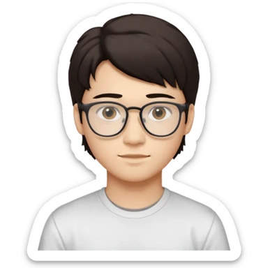 iOS-style emoji
Young man, about 18 years old, with slightly masculine features.
 Slightly Asian eyes, light skin tone, friendly and expressive face.
Accessories and details: Glasses, very dark brown hair, mullet style (short, structured).
Background and clothes: White background and white t-shirt. sticker