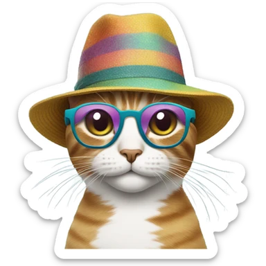 Cat wearing groovey glasses and a hat sticker