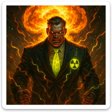 powerful boss character themed around a nuclear explosion, glowing radioactive elements, menacing expression, dramatic energy effects sticker