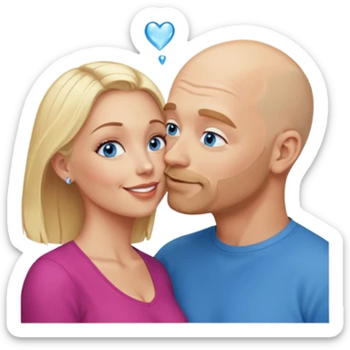 middle age bald man with salt and blonde scruff, blue eyes and blonde woman with blue eyes kissing each other sticker