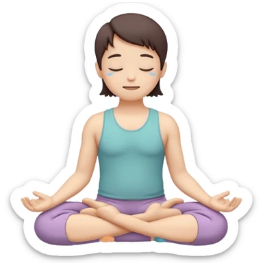 one simplified human character sitting in lotus pose, eyes closed, soft peaceful smile, feeling comfortable alone, calm and mindful mood, flat custom emoji sticker, pastel colors, rounded shapes, minimal details, mental health theme, thick outline, white background, no text sticker