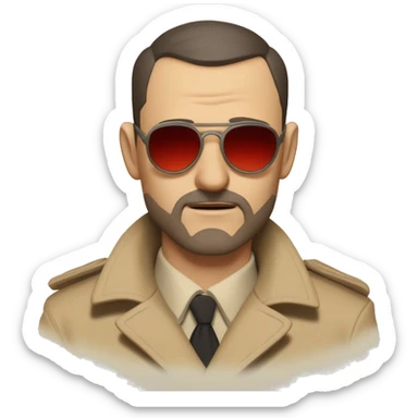 1930s investigator, a Caucasian man with short, buzz cut dark hair and a rough beard, wears tiny red-tinted sunglasses and a dirty beige trench coat. He has a serious demeanor. sticker