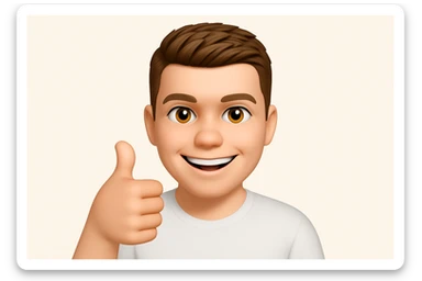 Based on these photos, make an emoji with facial features intact, a man in a white T-shirt, giving a thumbs up and smiling approvingly sticker