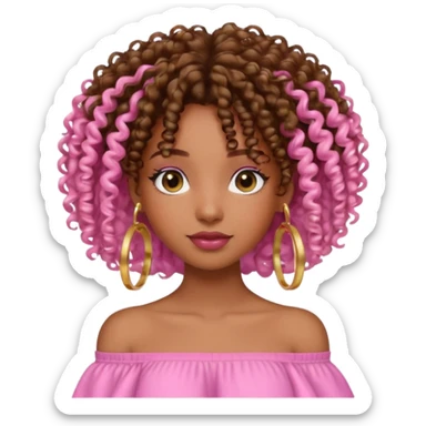 A brown skin girl with a curly 4C hair and she has a pink off shoulder top, sticker