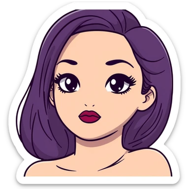 White girl with long oval face, huge round black eyes, big eyelashes, heather berry colored lips, shiny full lips, face closeup with bare shoulders, long straight middle-parted hair sticker