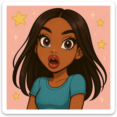 Remove any tears or crying, keep her shocked expression. Depict a 20-year-old anime Bratz style woman with dark skin, dark hair, trendy streetwear, big expressive eyes, and glossy lips. sticker