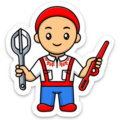 Ukrainian craftsman wearing traditional embroidered vyshyvanka shirt holding a spanner wrench and red scissors sticker