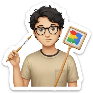 Young caucasian man with black wavy hair, round glasses, beige painting shirt, holding a square paintbrush sticker