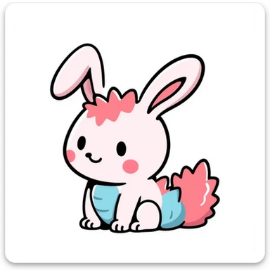 Kawaii bunny plant dragon in Sanrio style, like Hello Kitty and My Melody, tiny spikes, extremely cute, simple clean design, large head, minimal facial features, big round eyes, blushing cheeks, pastel colors with pinks and blues, clean bold outlines, small mouth, adorable expression, rounded shapes sticker
