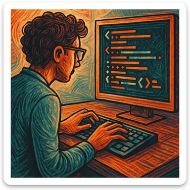 person typing code on a computer, creative illustration, detailed, unique style sticker
