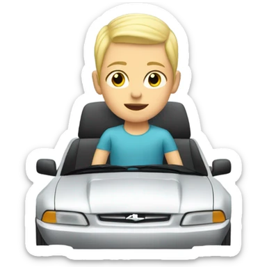 Blonde kid with buzz cut riding in a mustang sticker