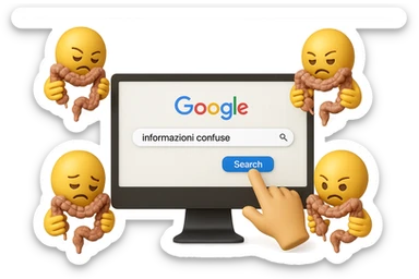SCHERMO DI PC CON LA SCRITTA "informazioni confuse" SULLA BARRA DI RICERCA GOOGLE SULLO SCHERMO E IL CLICK DEL MOUSE SULLA SCRITTA CERCA, stile emoji iphone fluttuano in aria stringendo in mano un pezzo di colon intestinale, iperrealistico 4k sticker