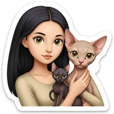 beautiful girl with long black hair holding a hairless sphinx cat sticker