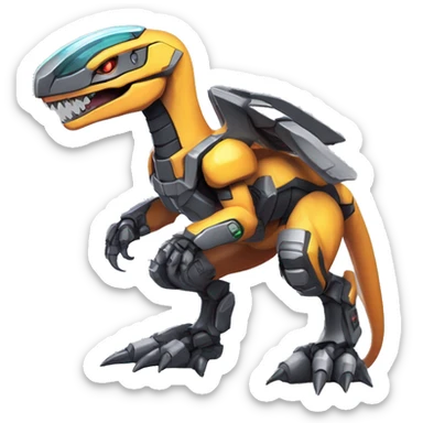 Colorful Edgy Chibi Greymon-Velociraptor-Genesect-Fakémon-Pokémon wearing a with a futuristic visor-helmet And Mecha-suit Full Body sticker