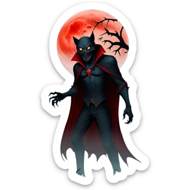 Icon for Horror Movies: A chilling collage with a monstrous werewolf or vampire, dark silhouettes, eerie graveyards, and creepy elements like spiders and tombstones. Ghostly fog surrounds, with a blood-red moon in the sky. The atmosphere is unsettling, eerie, and haunting. Transparent background. sticker