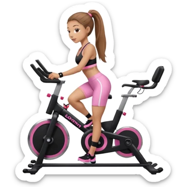 Light skin girl with long light brown hair in a pony tail, black workout set leaning on a indoor spin bike with NO HELMET, can we add a pink sports bra  sticker