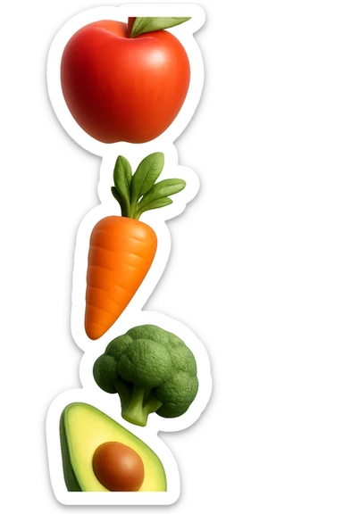 emoji stile iphone in 3d di cibo sano che fluttua in aria vericalmente, iperrealistico 4k sticker