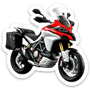 Moto de enduro Ducati multistrada roja y negra con bolsas laterales y bolsa trasera. Piloto con casco abierto gris. Vista frontal sticker
