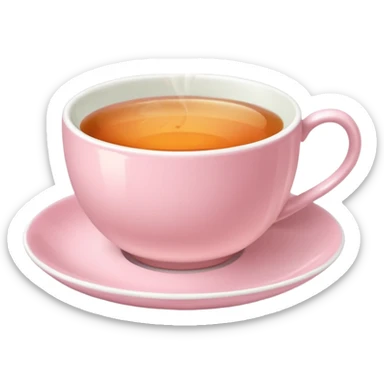 White ceramic teacup with herbal tea, pastel pink saucer sticker