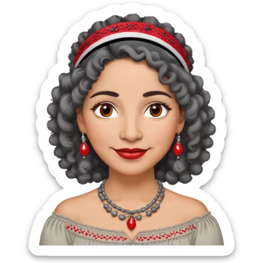 Latina woman, about 50 years old, warm light brown skin, round soft face, curly black and gray hair, red and white headband, medium eyes, thin eyebrows, gentle smile, gray peasant blouse with embroidery, bare shoulders, large dark necklace sticker