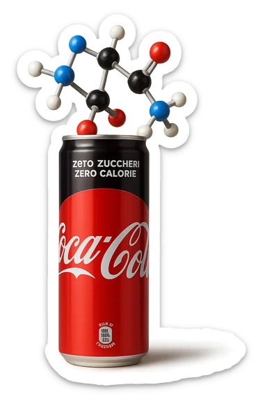 rappresenta una molecola chimica di aspartame che esce da una lattina di coca cola zero, iperrealistica 4k sticker