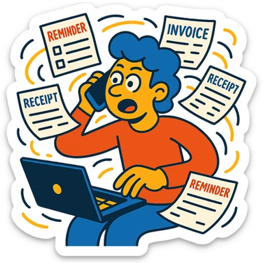 person holding a phone in one hand, laptop open in front, storm of receipts, invoices, and reminders swirling around, multitasking chaos sticker