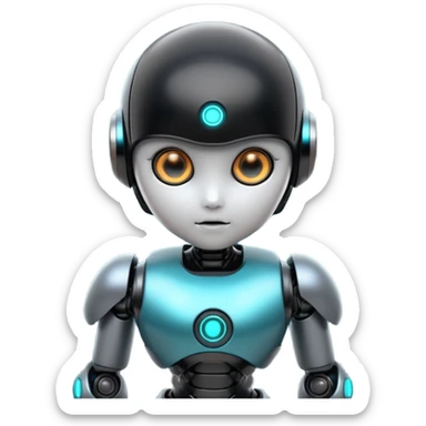 Cute futuristic chibi humanoid robot with large rounded head, glossy black and grey metal body, glowing cyan and amber eyes, visible joints, confident pose, white background, high-detail 3D render, add text on chest "LMX". sticker